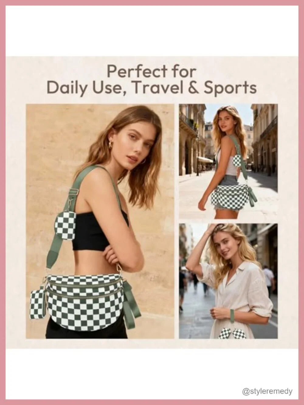 Large Checkered Nylon Crossbody Bag with RFID-Blocking Pouches Adjustable Strap